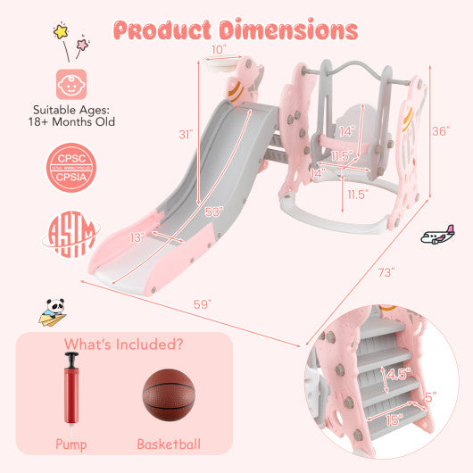 4-in-1 Kids Slide and Swing Set with Basketball Hoop-Pink