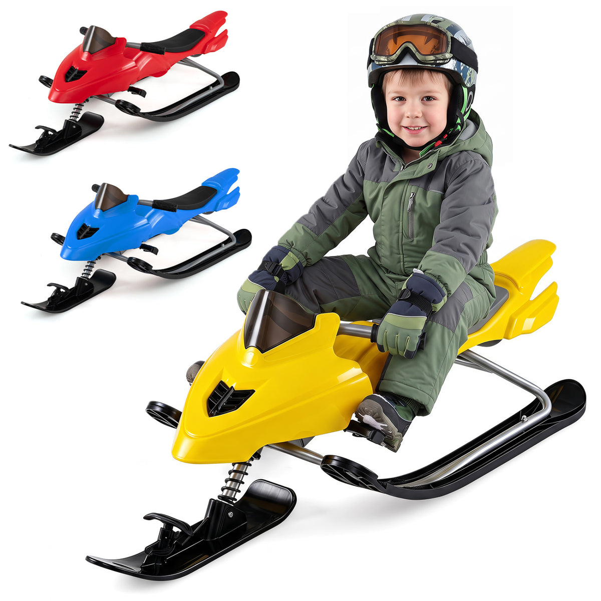 Kids Snow Racer Sled with Brakes & Tow Ropes and Steering Handle for Winter-Yellow