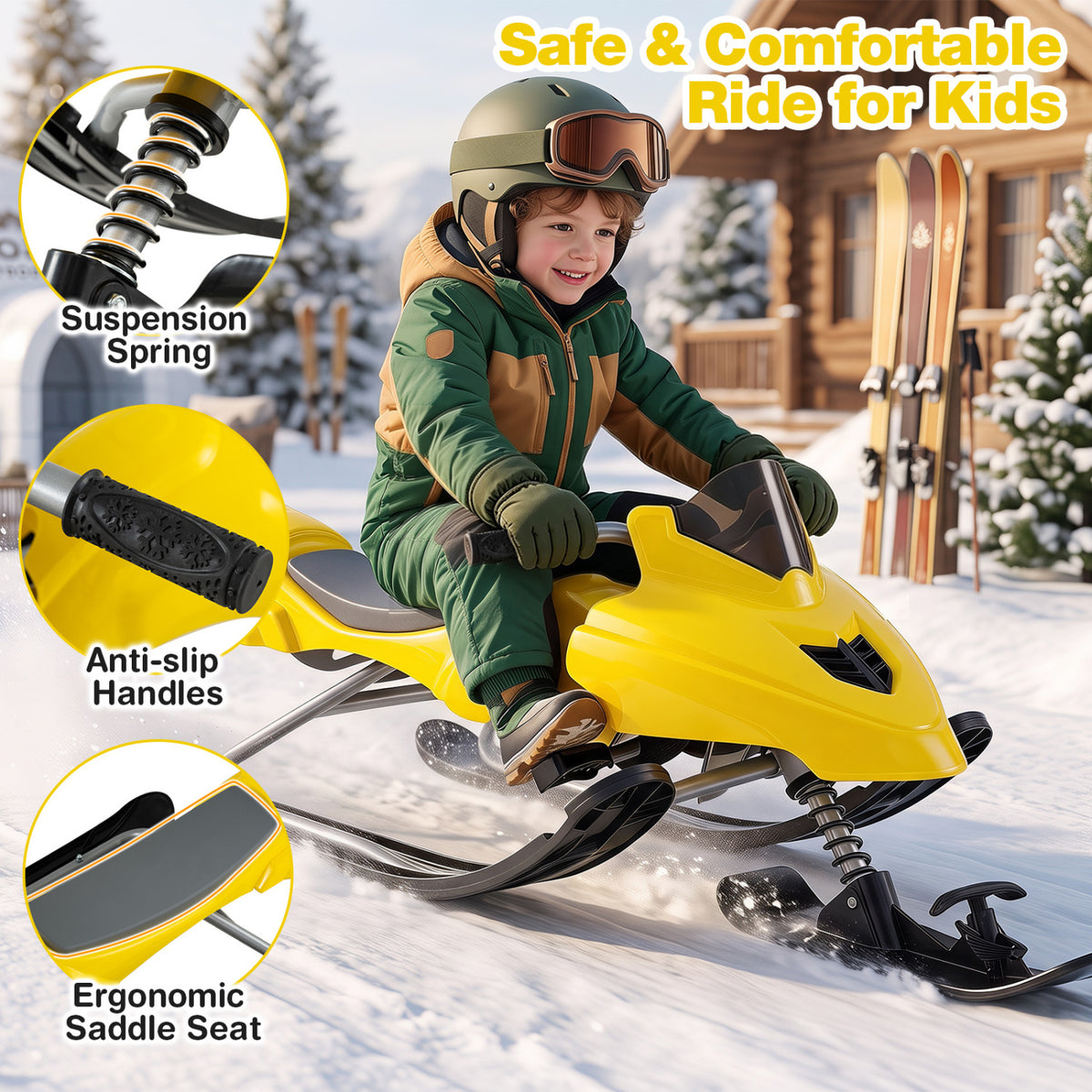 Kids Snow Racer Sled with Brakes & Tow Ropes and Steering Handle for Winter-Yellow