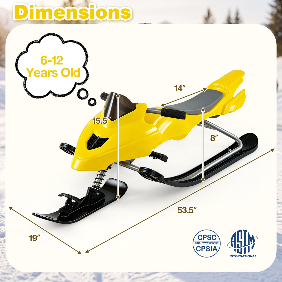 Kids Snow Racer Sled with Brakes & Tow Ropes and Steering Handle for Winter-Yellow