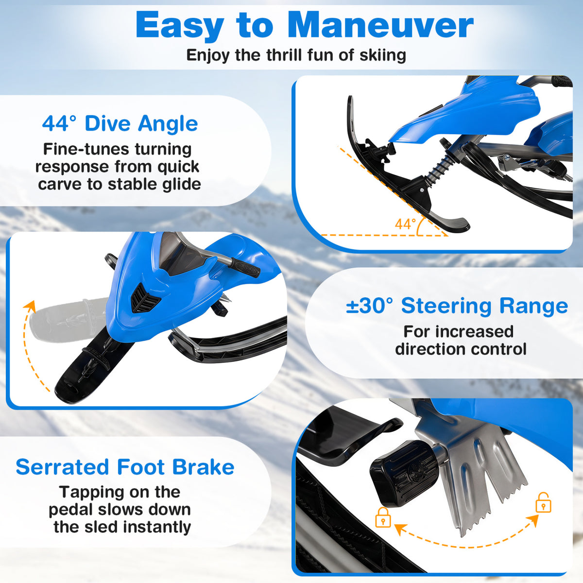 Kids Snow Racer Sled with Brakes & Tow Ropes and Steering Handle for Winter-Blue