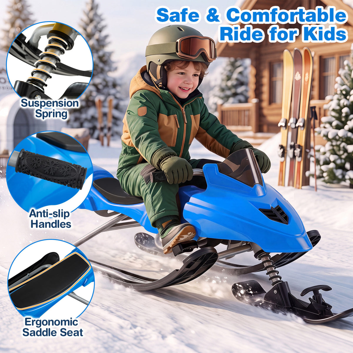 Kids Snow Racer Sled with Brakes & Tow Ropes and Steering Handle for Winter-Blue