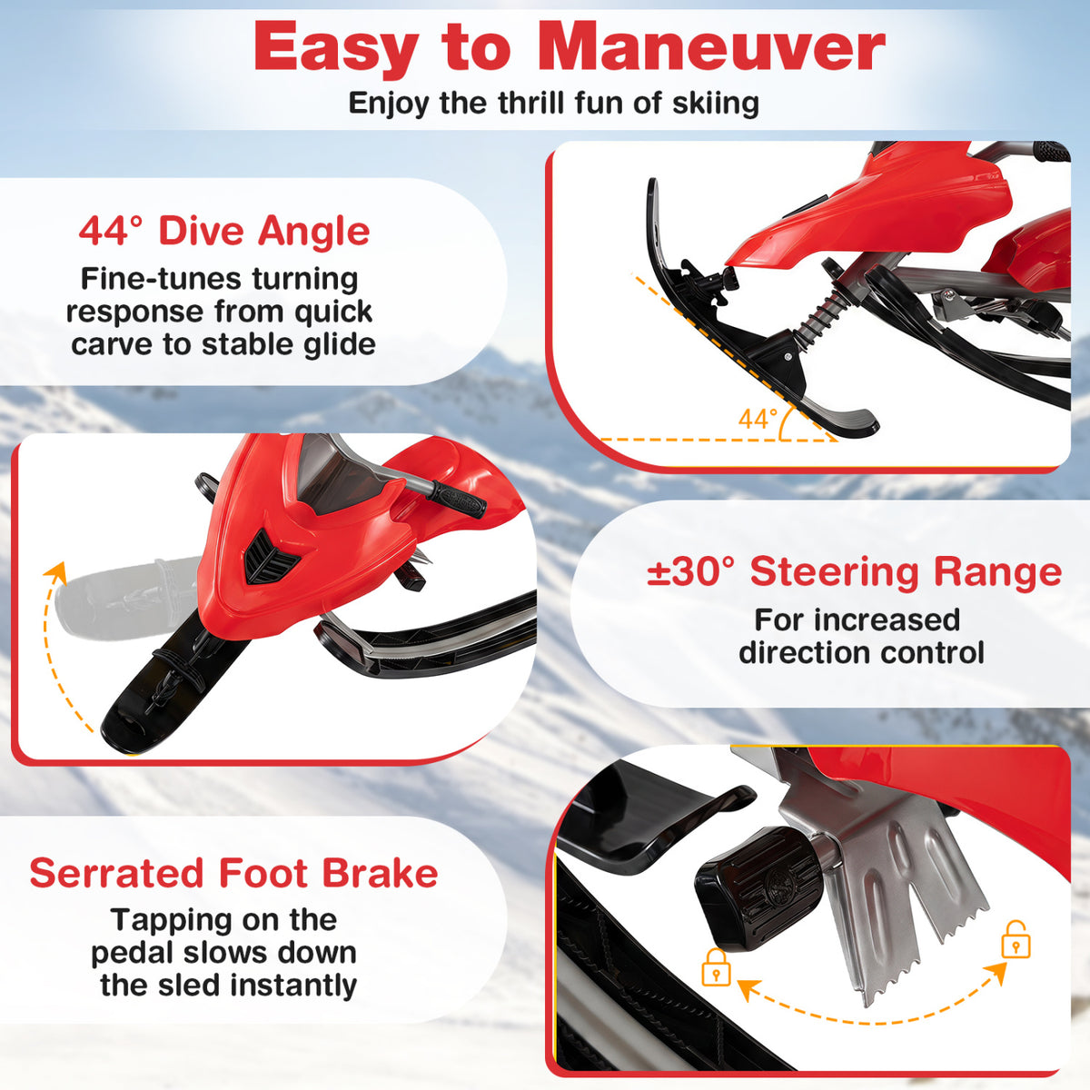 Kids Snow Racer Sled with Brakes & Tow Ropes and Steering Handle for Winter-Red