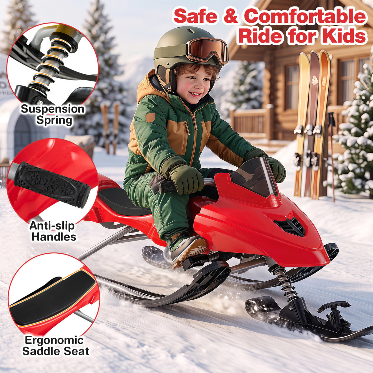 Kids Snow Racer Sled with Brakes & Tow Ropes and Steering Handle for Winter-Red
