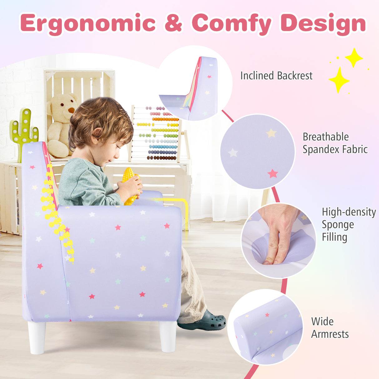 Kids Sofa with Breathable Spandex Fabric and High-density Sponge Filling for Boys and Girls-Purple