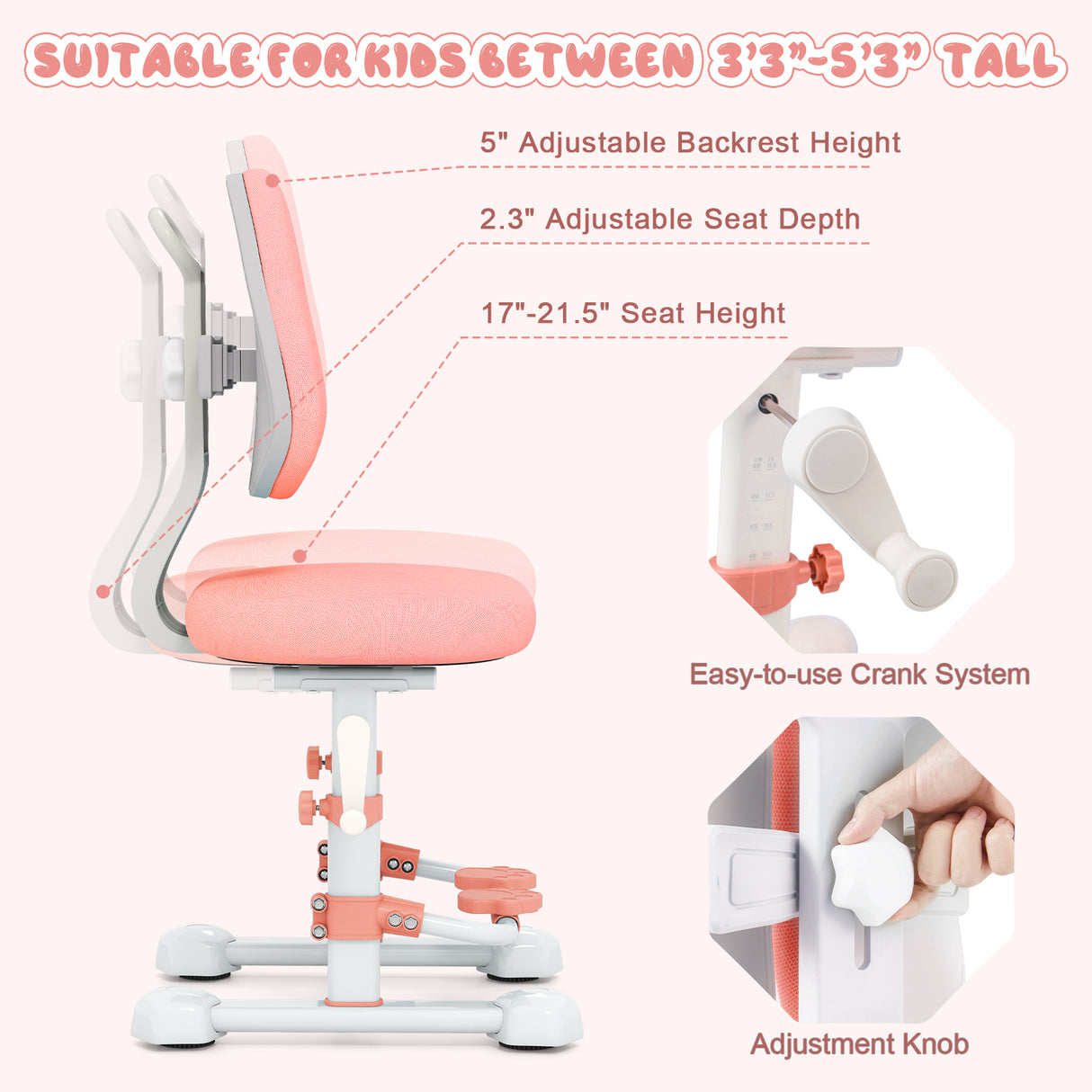Kids Study Chair with Adjustable Double Backrest and Footrest-Pink