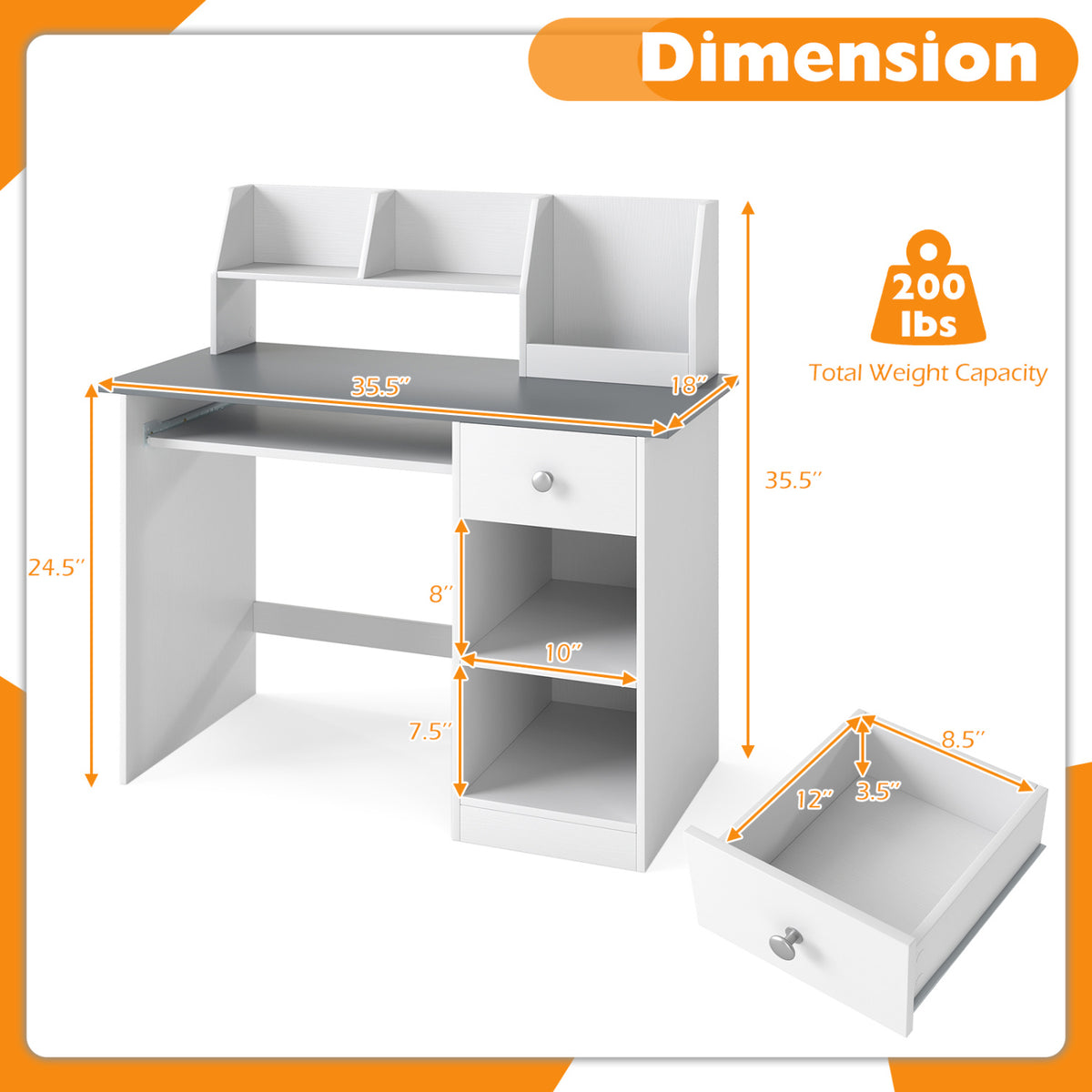 Kids Study Desk Children Writing Table with Hutch Drawer Shelves and Keyboard Tray-Gray