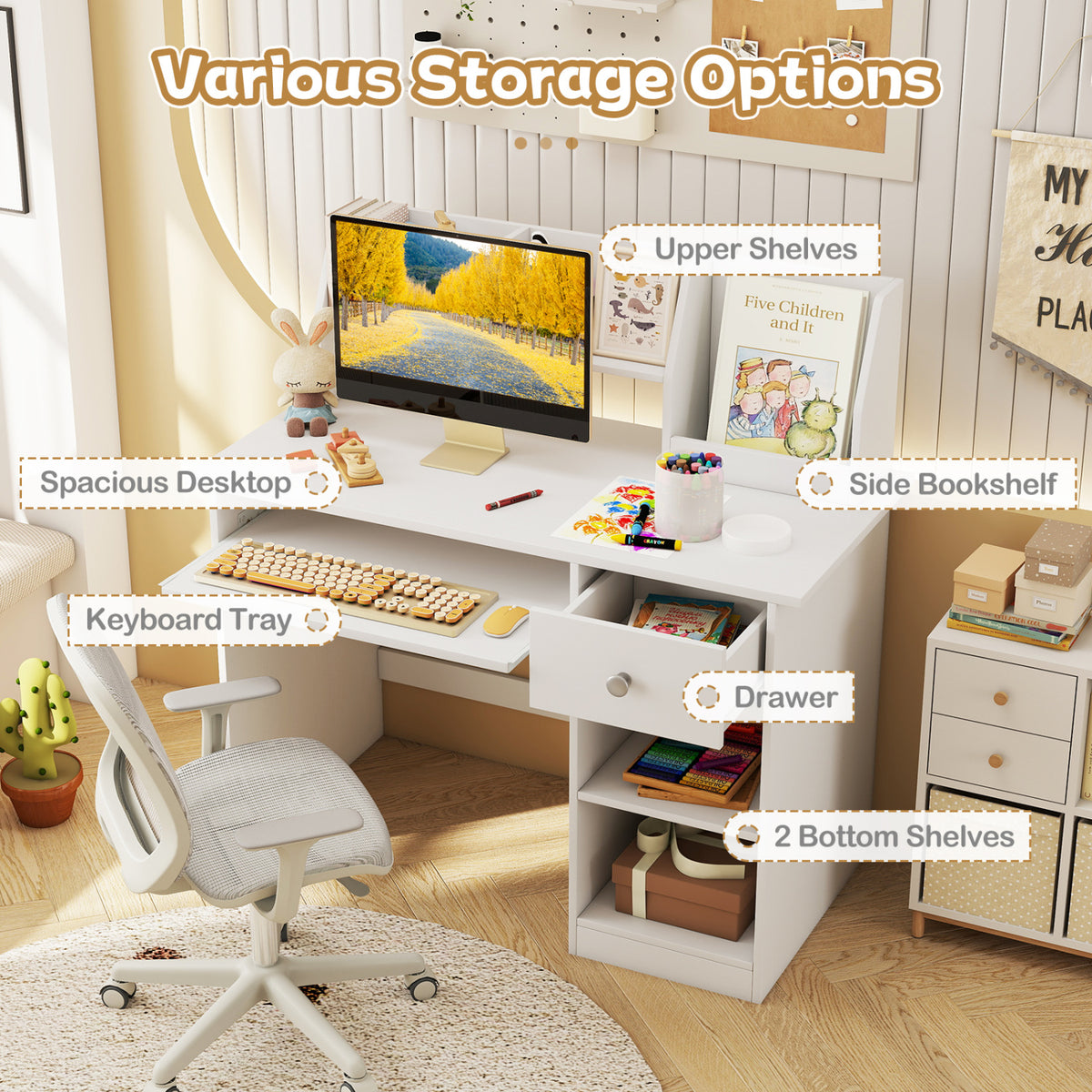 Kids Study Desk Children Writing Table with Hutch Drawer Shelves and Keyboard Tray-White