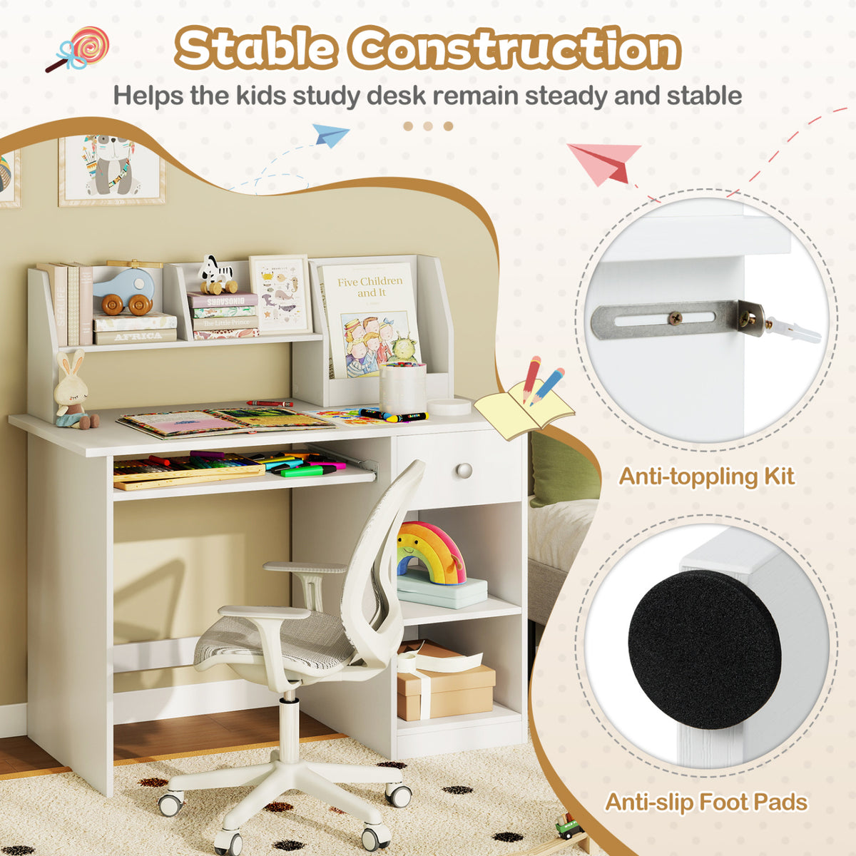 Kids Study Desk Children Writing Table with Hutch Drawer Shelves and Keyboard Tray-White