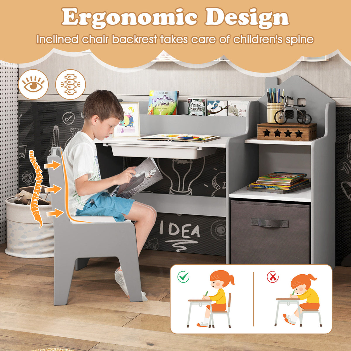 Kids Study Desk and Chair Set with Open Shelves Drawer and Fabric Storage Bin-Gray