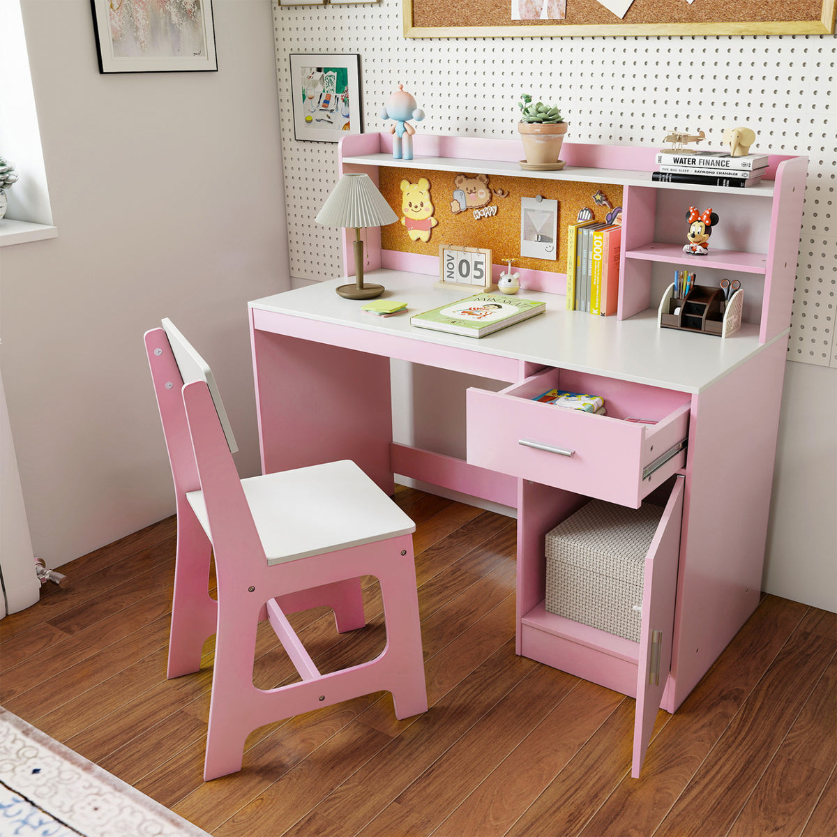 Kids Study Desk and Chair Set Student Table and Chair-White + Pink