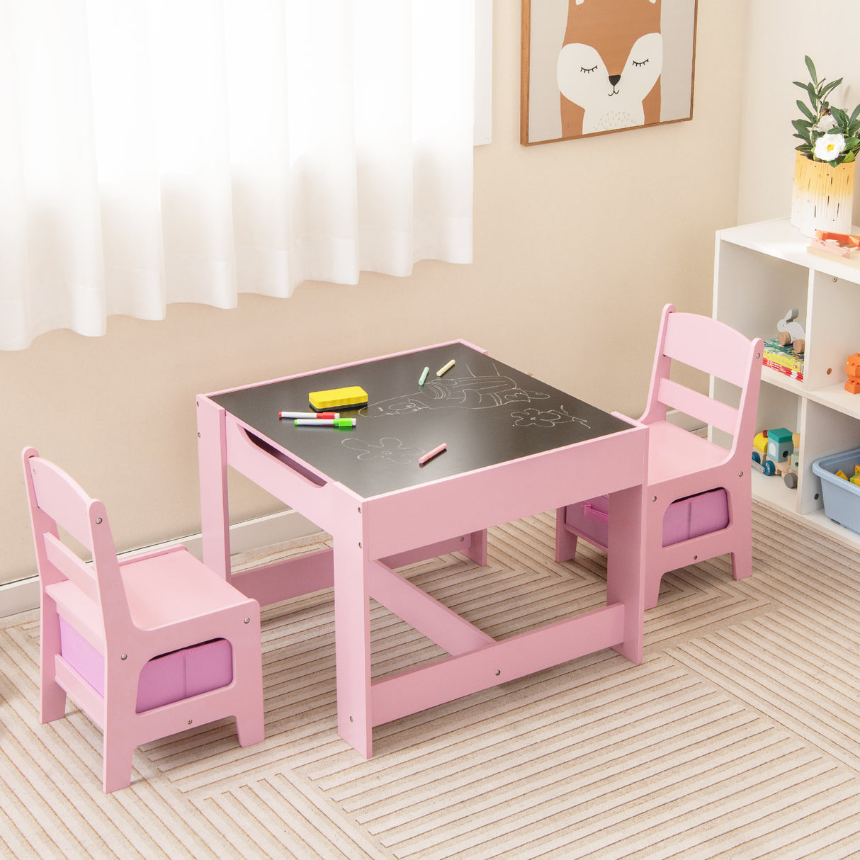 Kids Table Chairs Set With Storage Boxes Blackboard Whiteboard Drawing-Natural