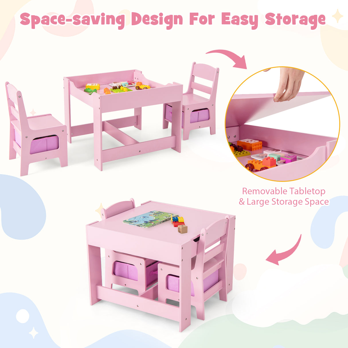 Kids Table Chairs Set With Storage Boxes Blackboard Whiteboard Drawing-Natural