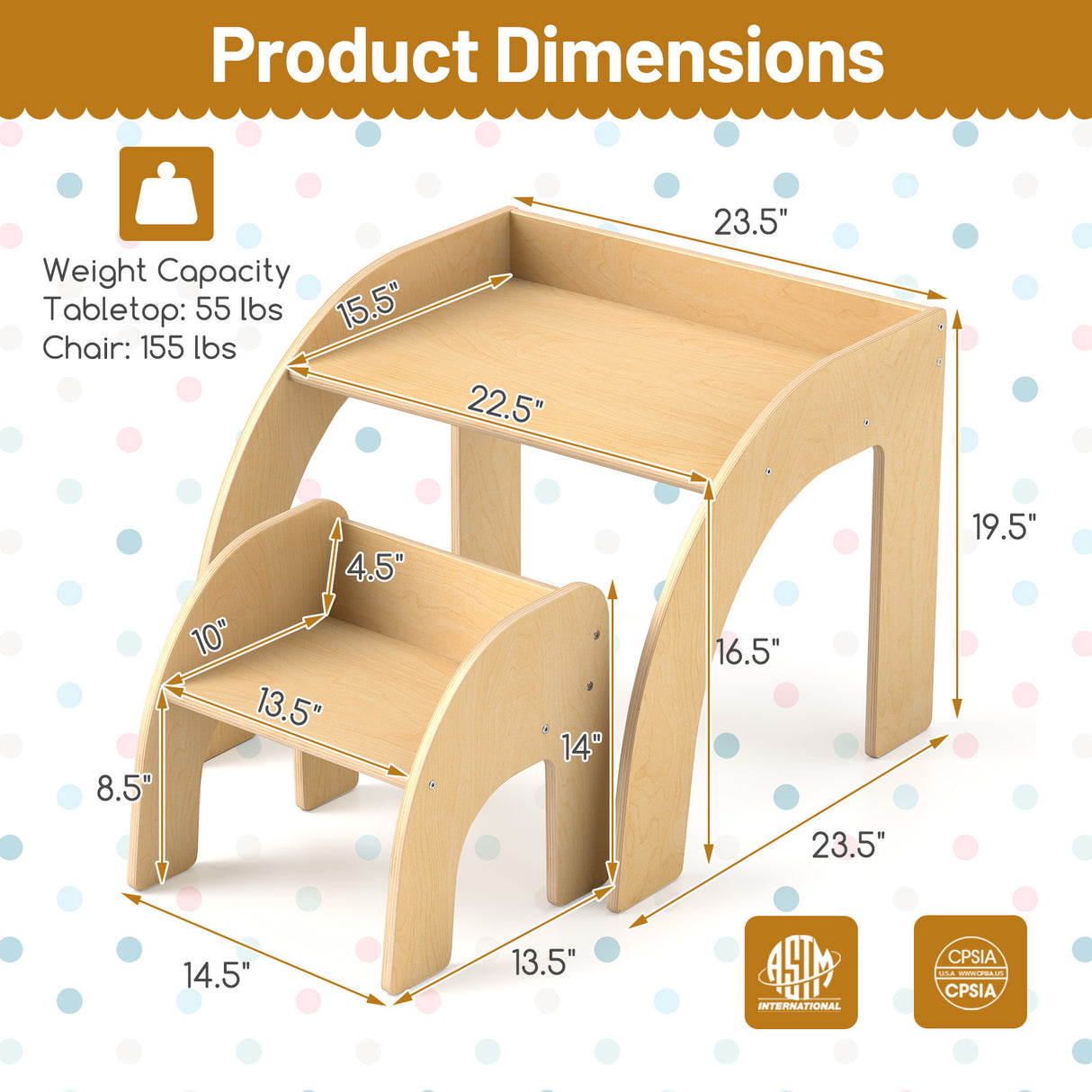 Kids Table and Chair Set with Wide Tabletop and Curved Edges for Kids Room-Natural