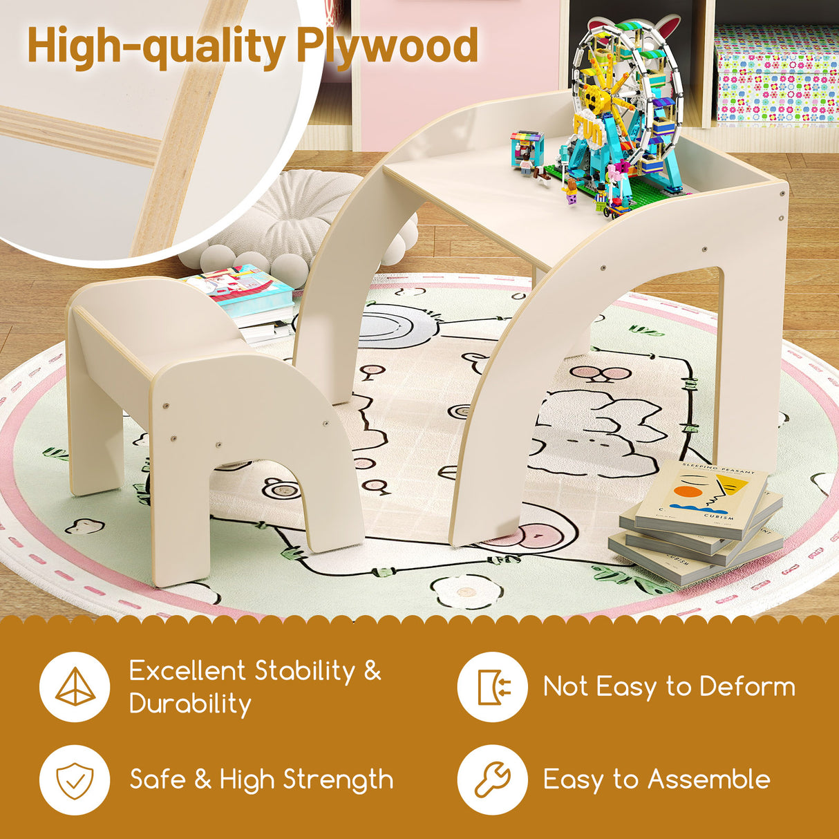 Kids Table and Chair Set with Wide Tabletop and Curved Edges for Kids Room-White