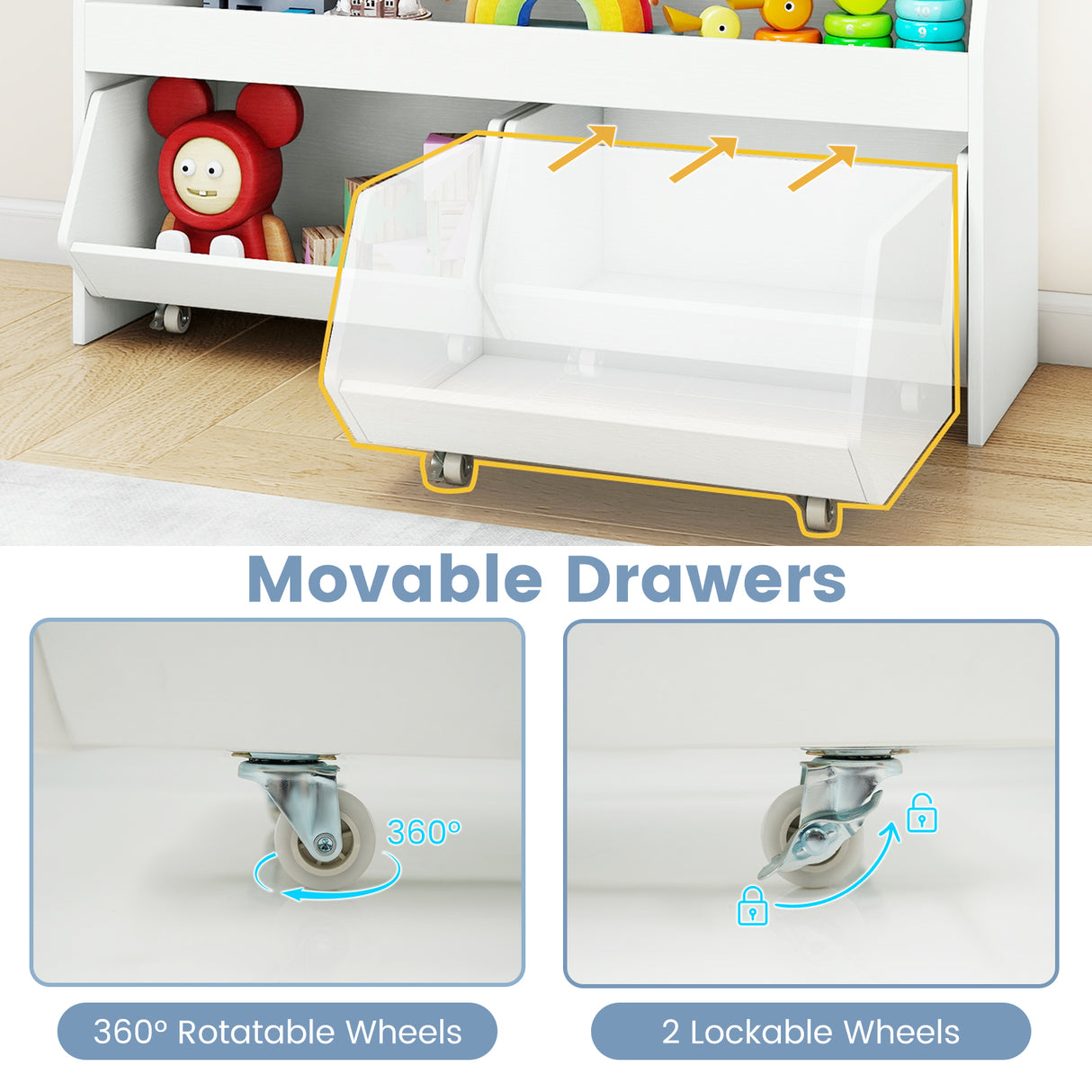 Kids Toy Storage Organizer Wooden Bookcase with 2 Movable Drawers-White
