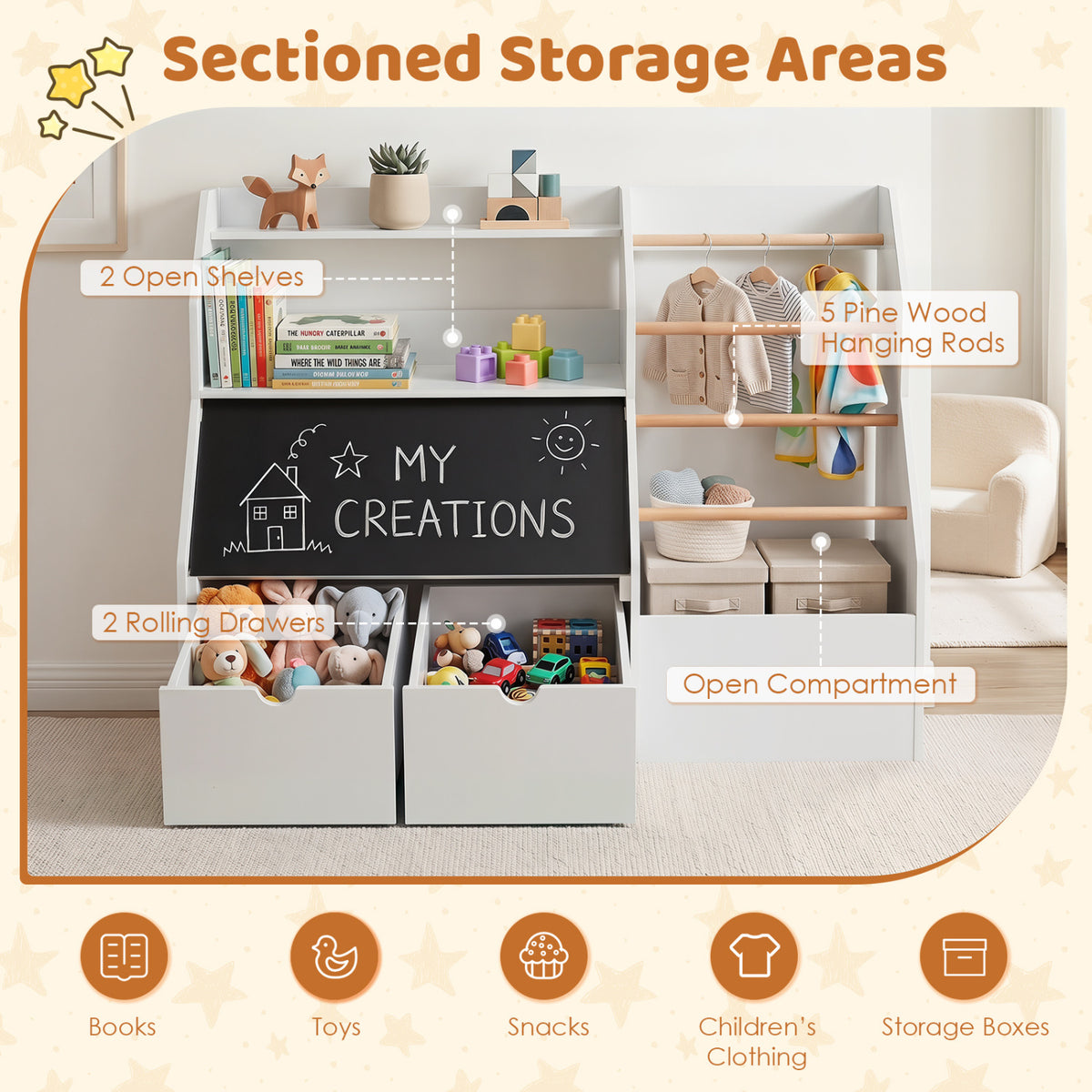 Kids Toy Storage Organizer with Flip-up Blackboard-White