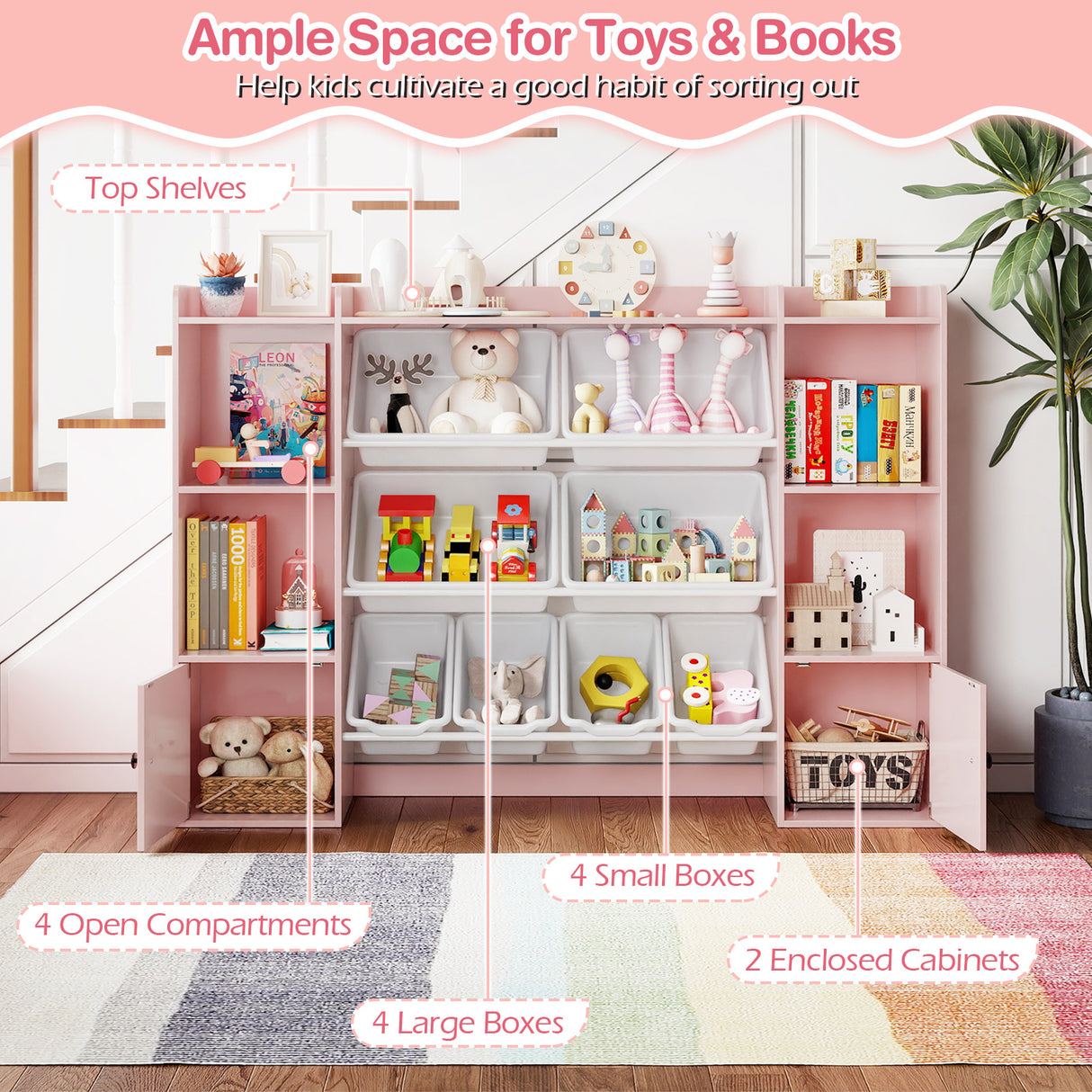 Kids Toy Storage and Bookshelf with Boxes and Open Shelves-Pink