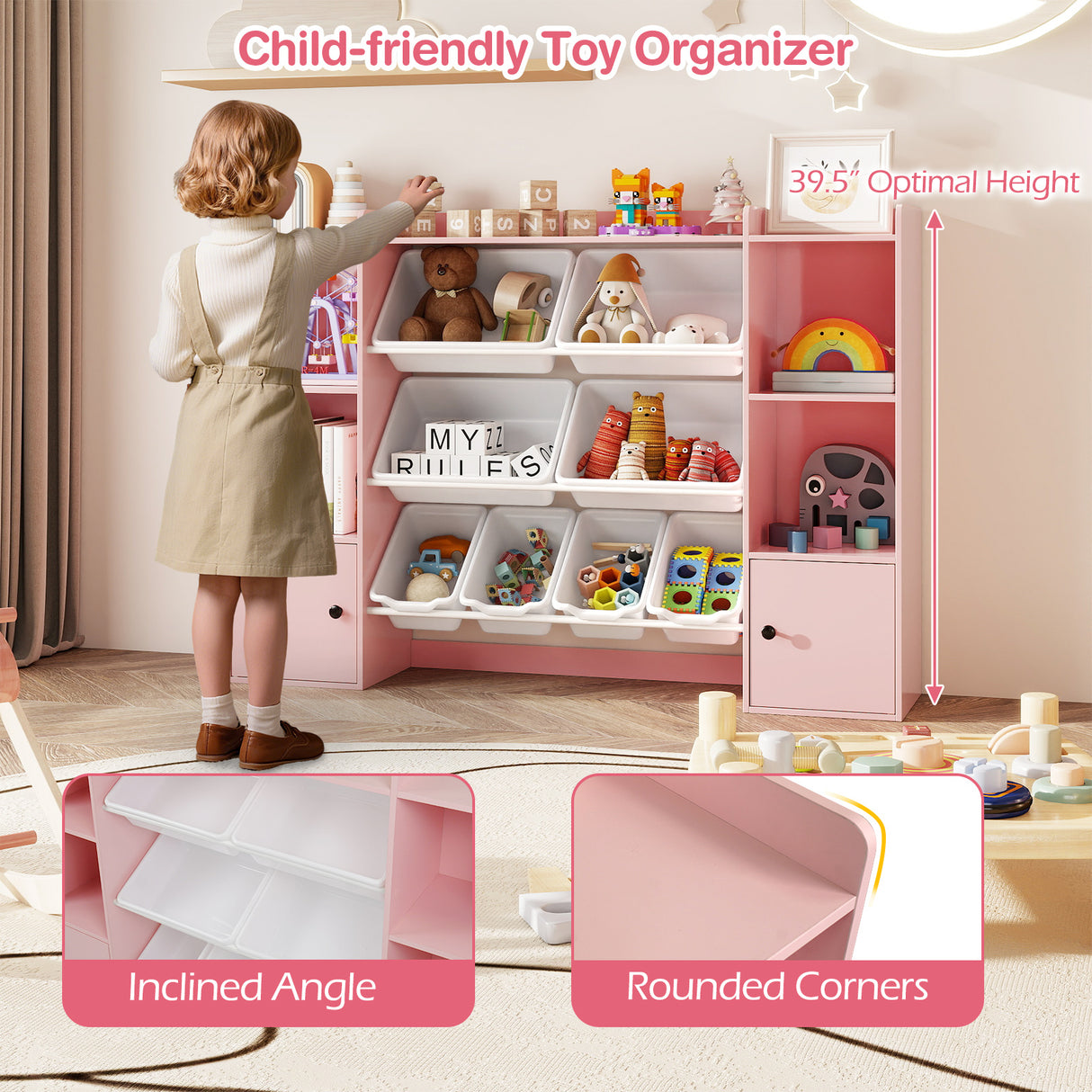 Kids Toy Storage and Bookshelf with Boxes and Open Shelves-Pink