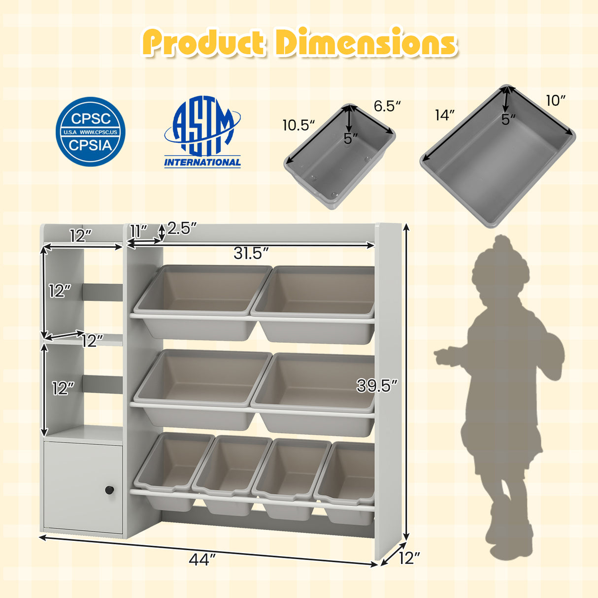 Kids Toy Storage and Bookshelf with Open Shelves and Single-door Cabinet-Gray