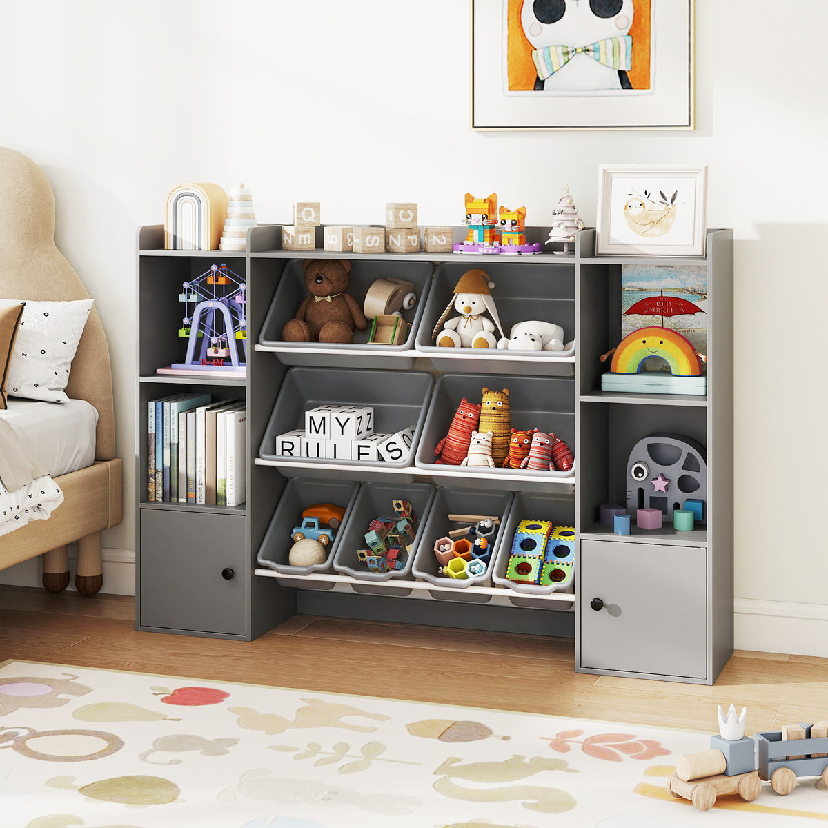 Kids Toy Storage and Bookshelf with Boxes and Open Shelves-Gray