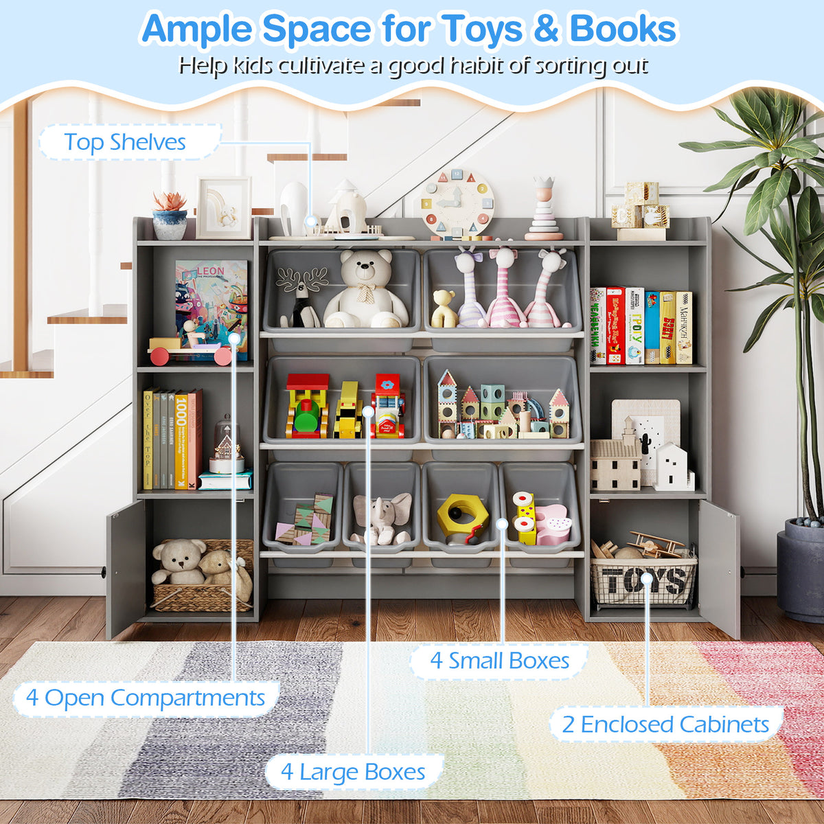 Kids Toy Storage and Bookshelf with Boxes and Open Shelves-Gray
