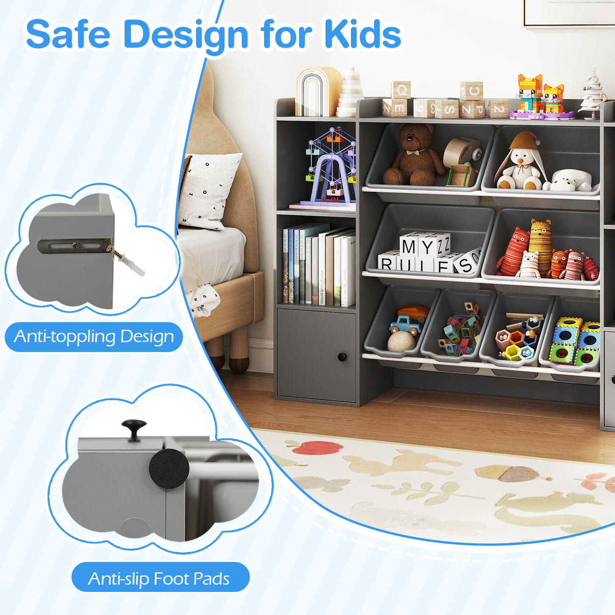 Kids Toy Storage and Bookshelf with Boxes and Open Shelves-Gray