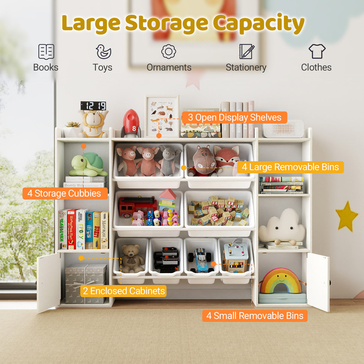 Kids Toy Storage and Bookshelf with Boxes and Open Shelves-White