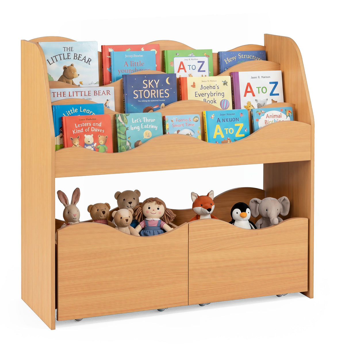 Kids Toy Wooden Storage Organizer with 2 Rolling Drawers for Kids Room-Natrual