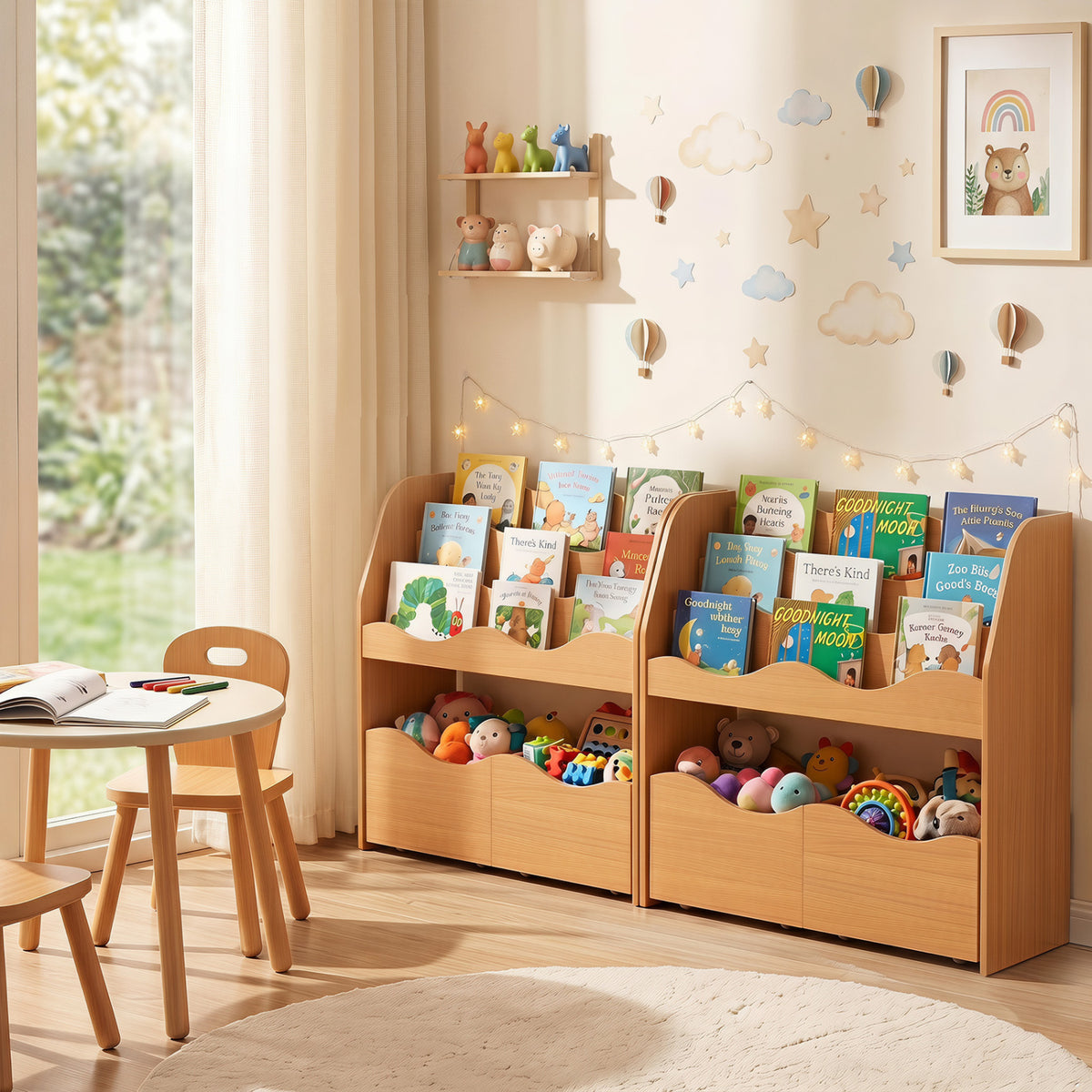 Kids Toy Wooden Storage Organizer with 2 Rolling Drawers for Kids Room-Natrual