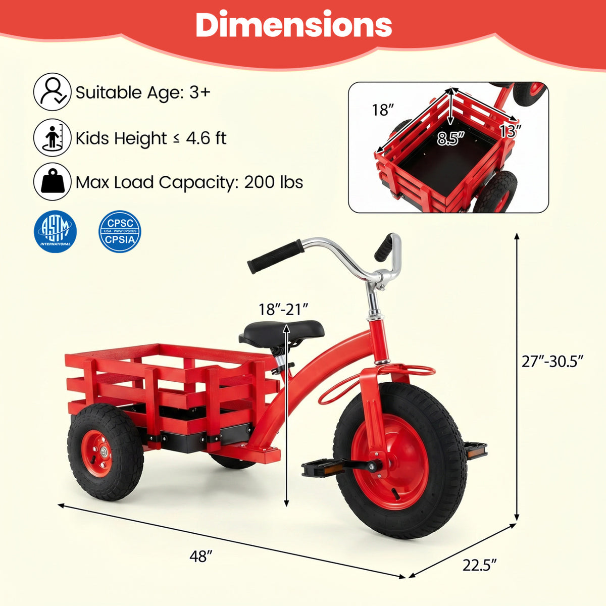 Kids Tricycle with 15 Inch Inflatable Rubber Tires-Red