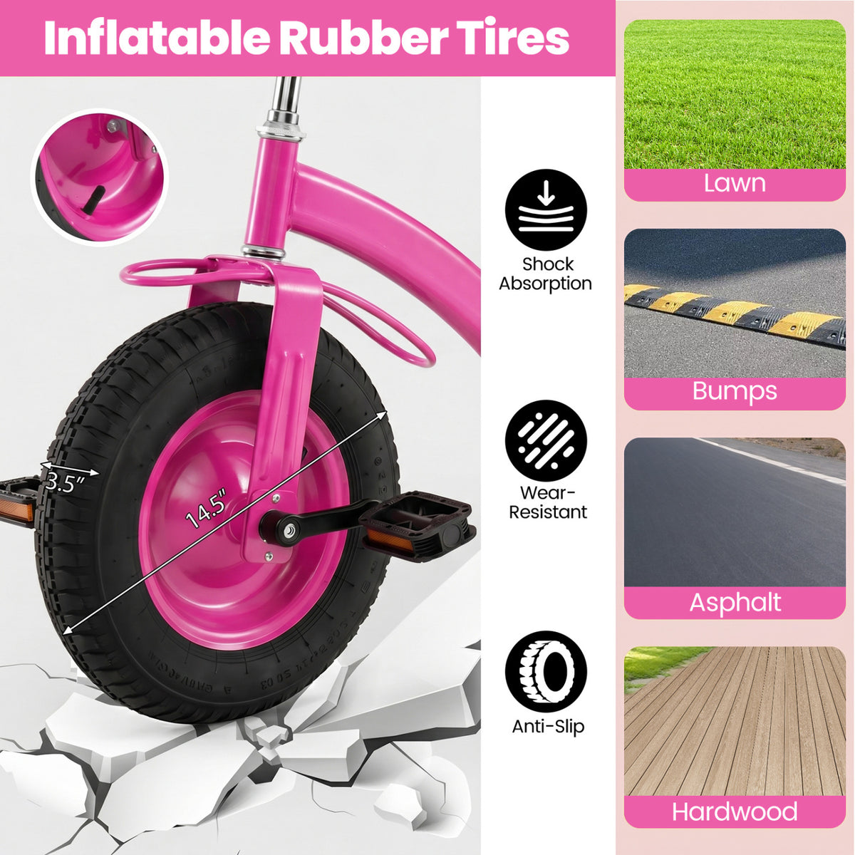 Kids Tricycle with 15 Inch Inflatable Rubber Tires -Pink