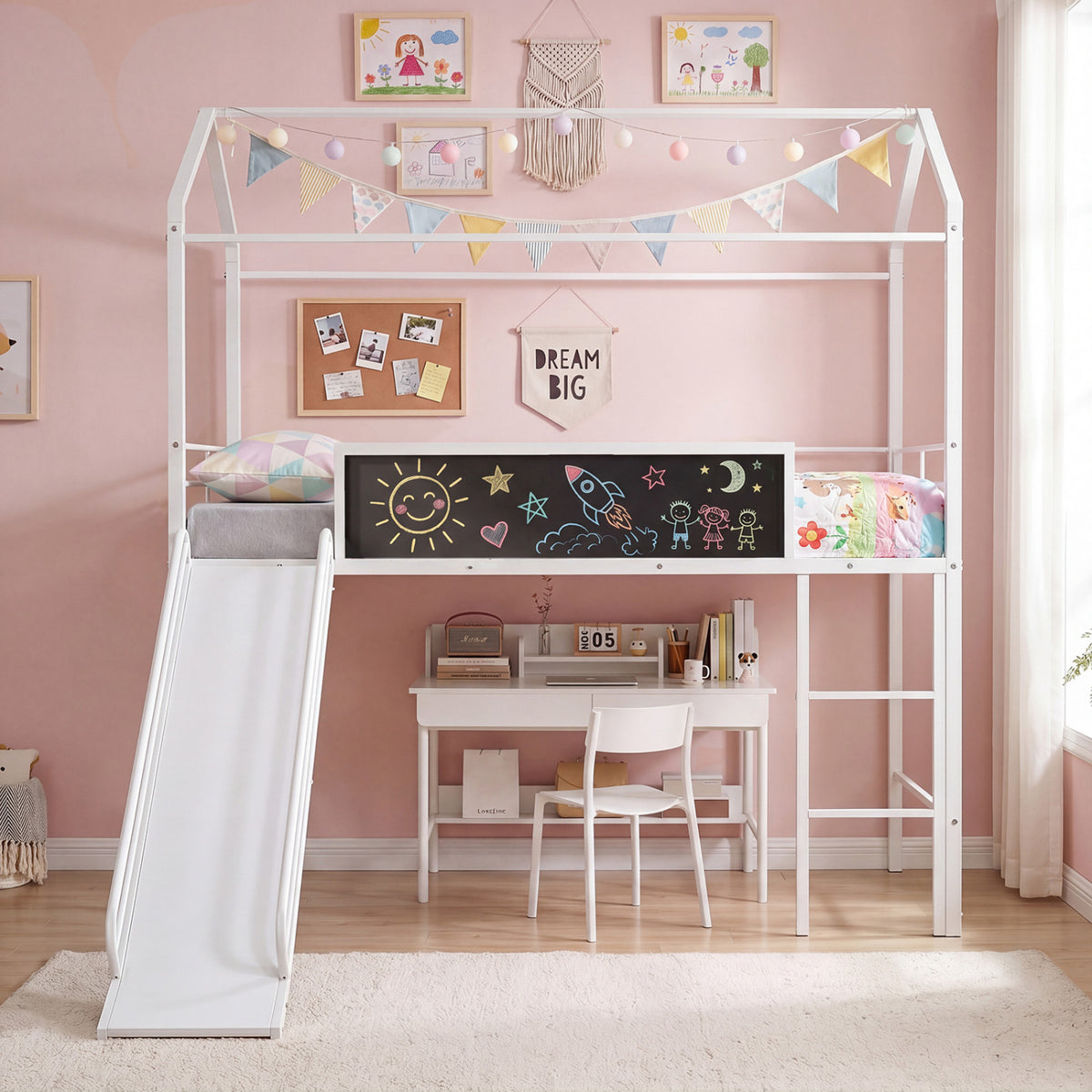 Kids Twin Size Loft Bed with Ladder and Slide for Bedroom-White