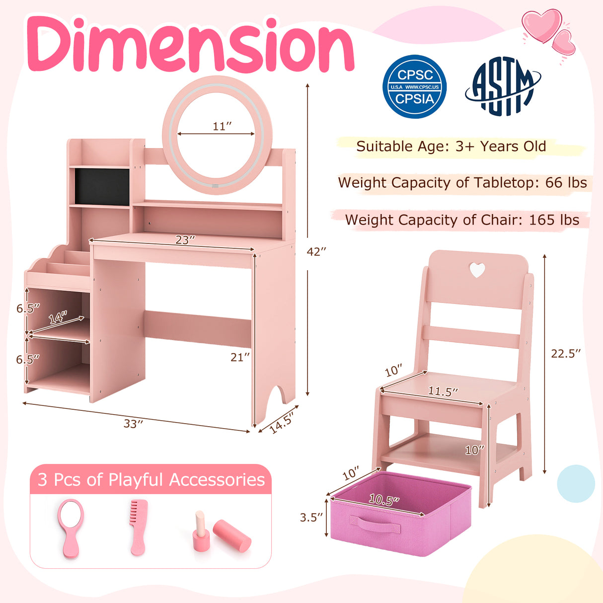 Kids Vanity Desk with Mirror and Lights Princess Pretend Play Dressing Table and Chair Set-Pink