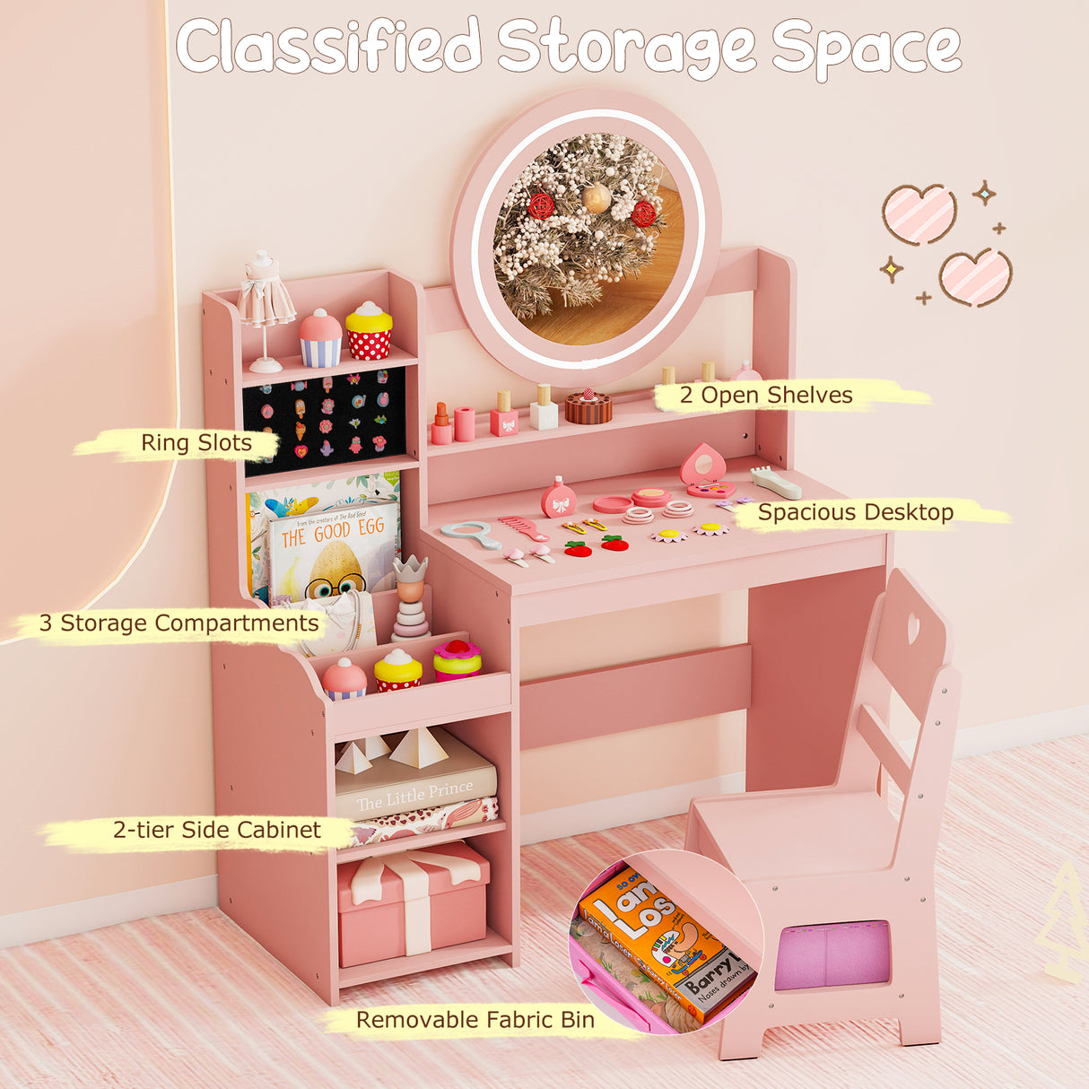 Kids Vanity Desk with Mirror and Lights Princess Pretend Play Dressing Table and Chair Set-Pink