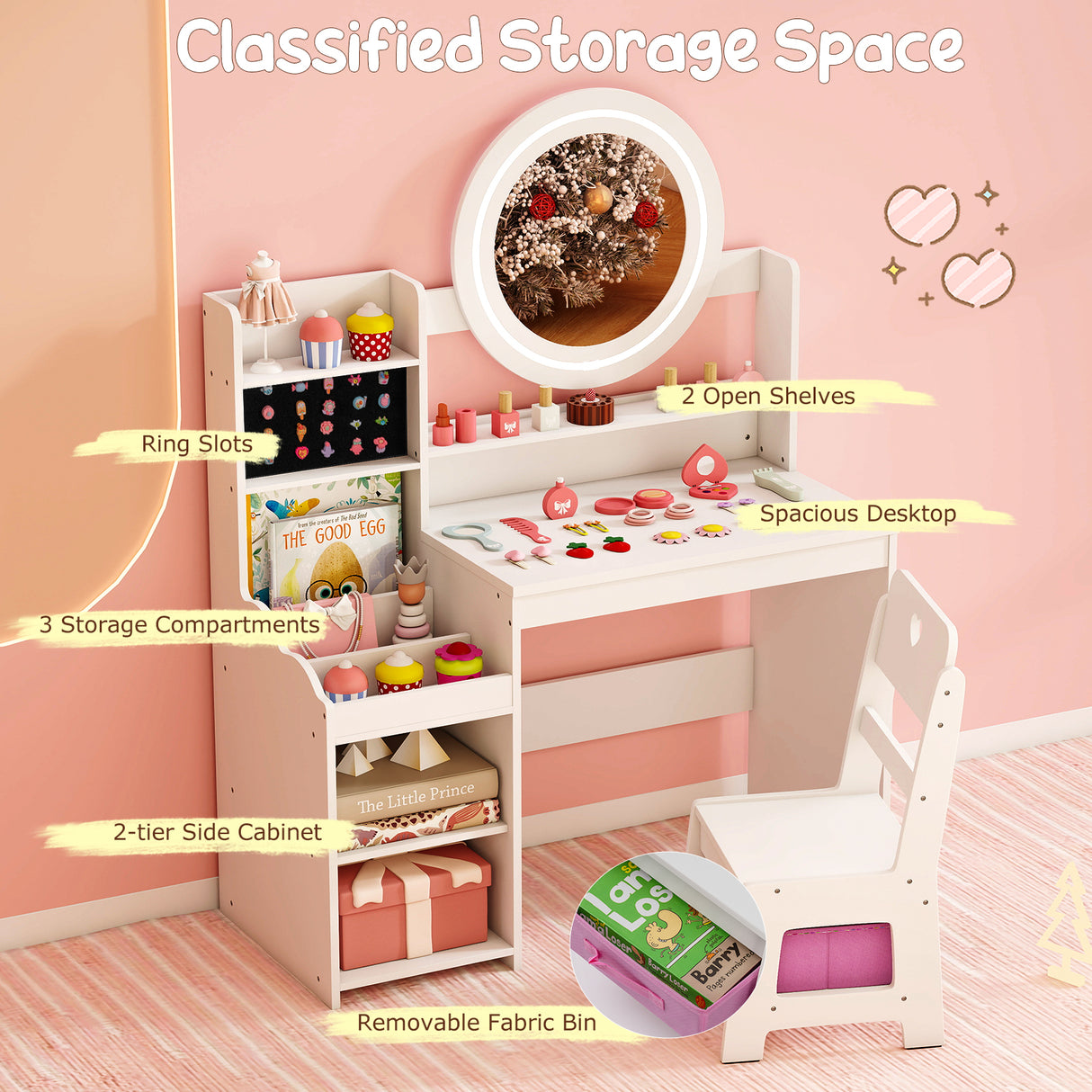 Kids Vanity Desk with Mirror and Lights Princess Pretend Play Dressing Table and Chair Set-White