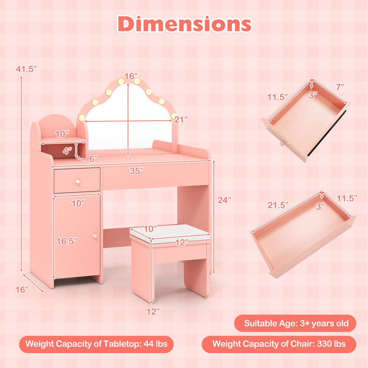 Kids Vanity Desk with Mirror and Lights Princess Pretend Play Dressing Table-Pink