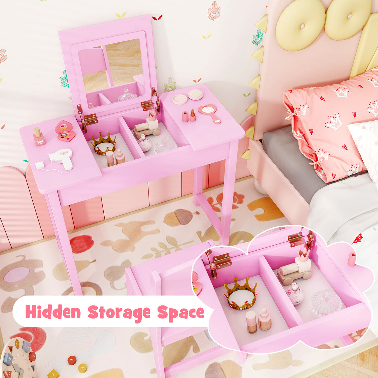 2-in-1 Kids Vanity Makeup Table and Chair Set with Flip Top Mirror-Pink