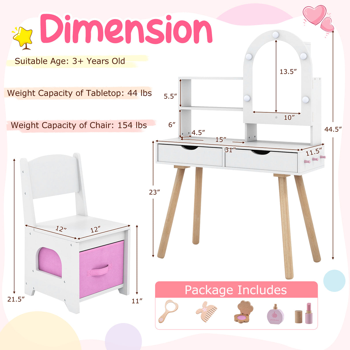 Kids Vanity Set Pretend Play Dressing Table Set with 3-Color Lighting Modes Adjustable Brightness and Mirror Cabinet-White