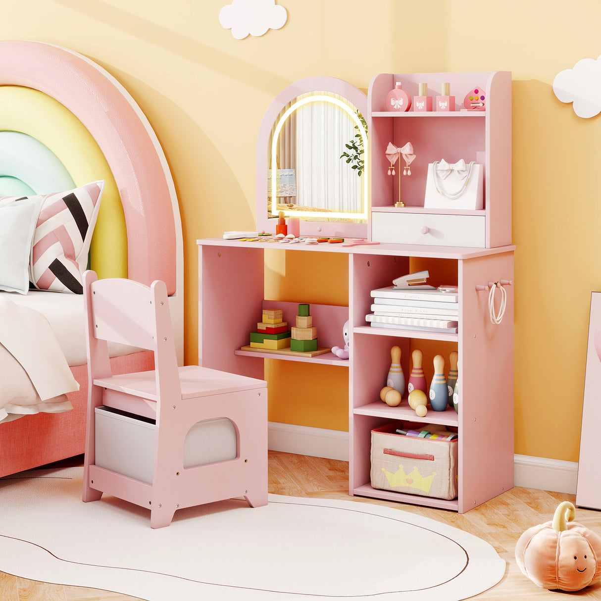 Kids Vanity Set Princess Girls Makeup Vanity Desk with Chair and 3-Color LED Lighted Mirror-Pink
