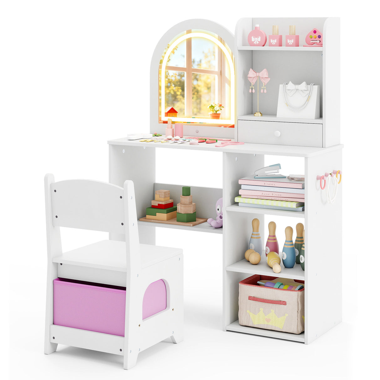 Kids Vanity Set Princess Girls Makeup Vanity Desk with Chair and 3-Color LED Lighted Mirror-White