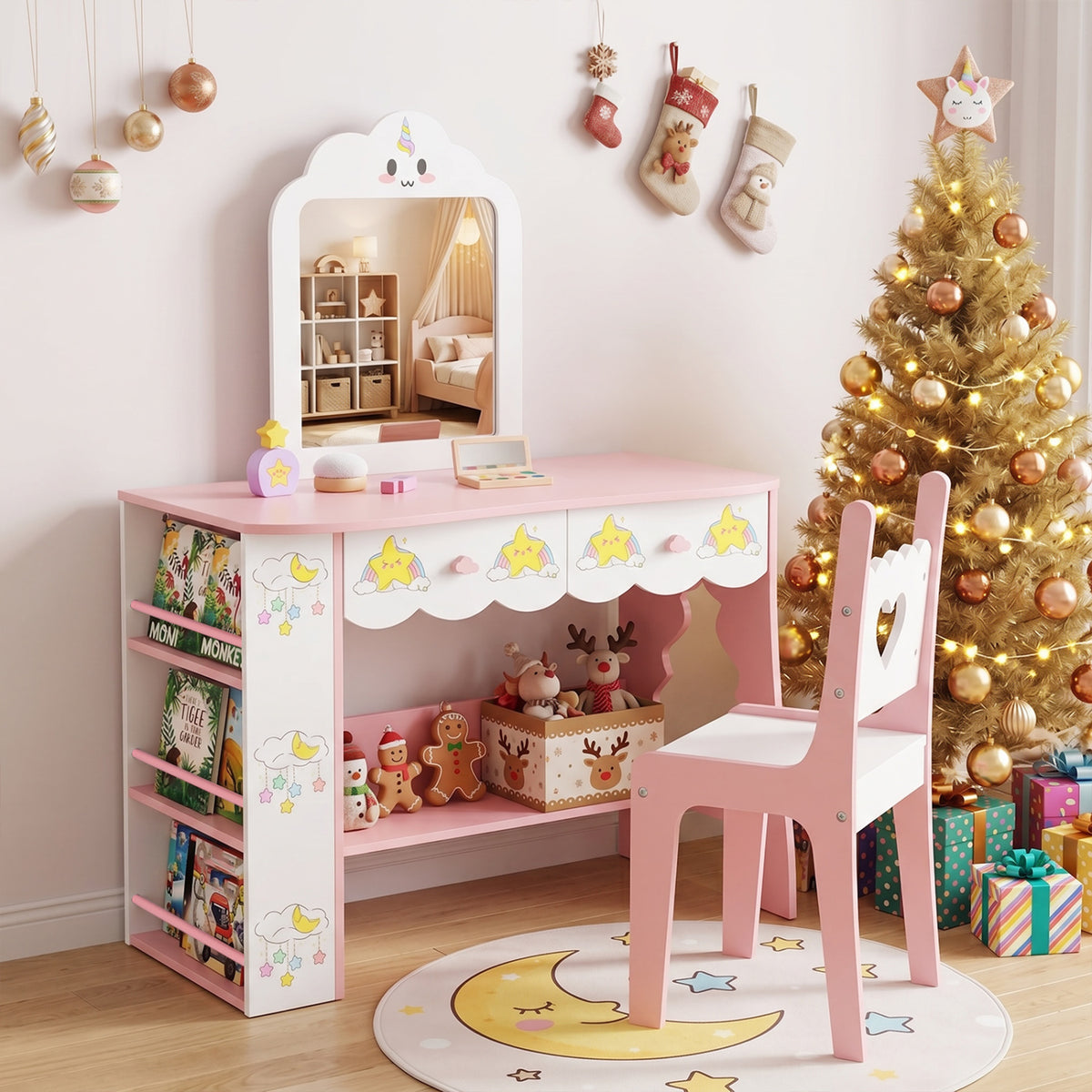 Kids Vanity Set Princess Girls Makeup Table with Mirror and Chair-White