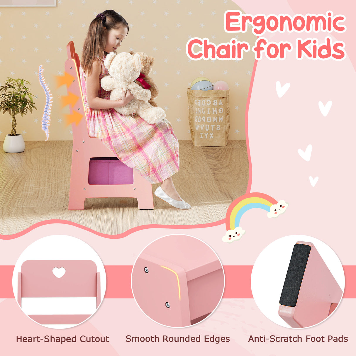 Kids Vanity Set with Colorful LED Lights Princess Makeup Dressing Table with Chair-Pink