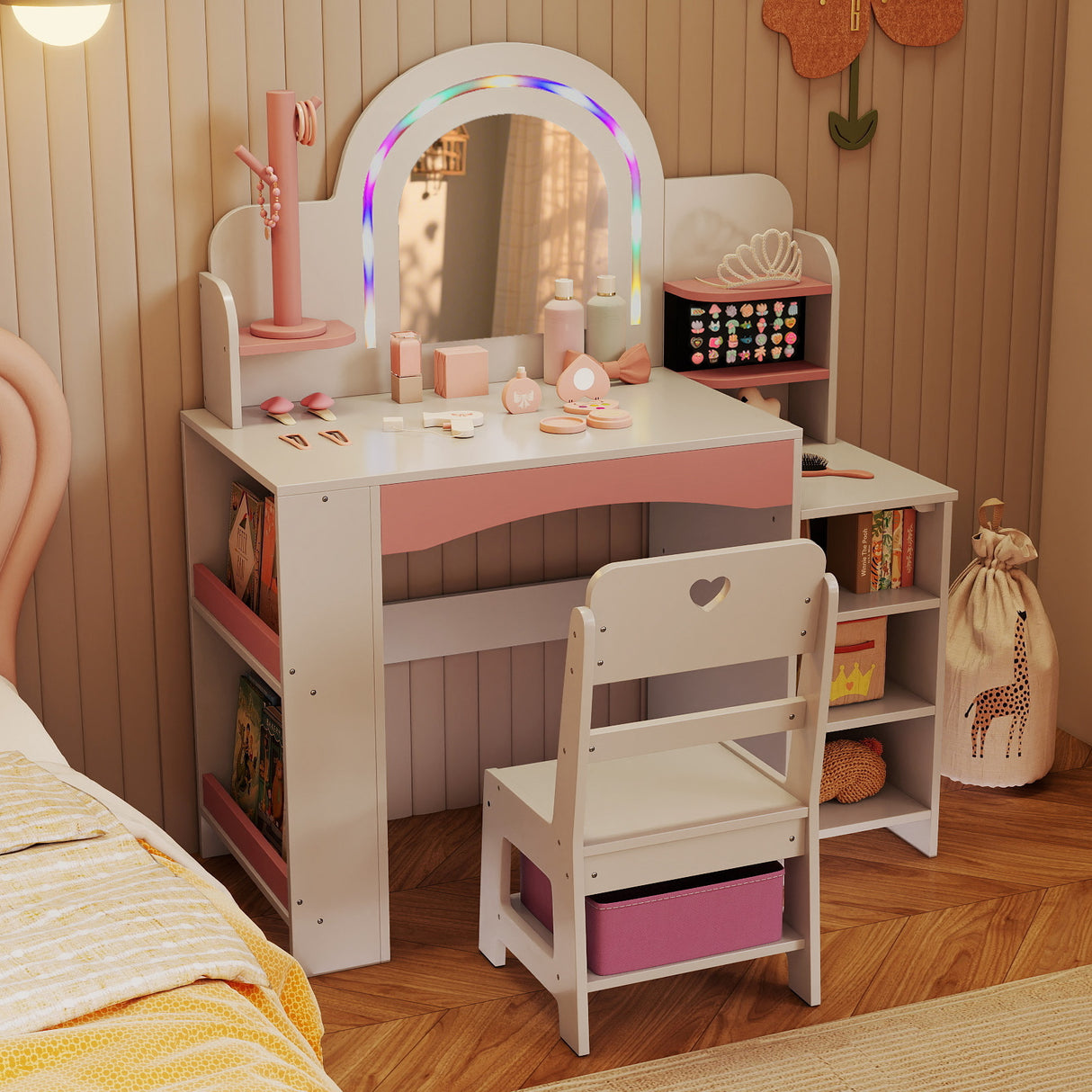 Kids Vanity Set with Colorful LED Lights Princess Makeup Dressing Table with Chair-White