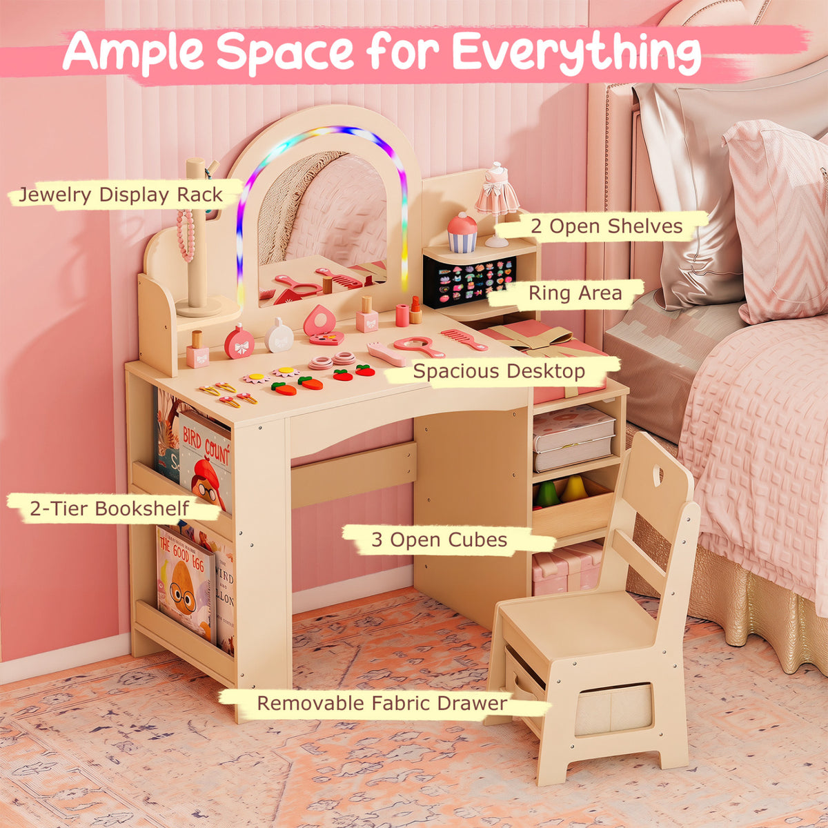 Kids Vanity Set with Colorful LED Lights Princess Makeup Dressing Table with Chair-Natural
