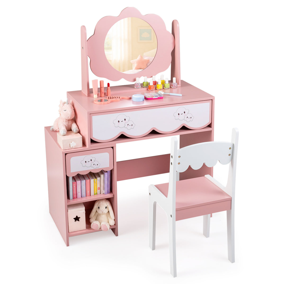 Kids Vanity Set with 360° Rotating Mirror & Chair for Girls-Pink