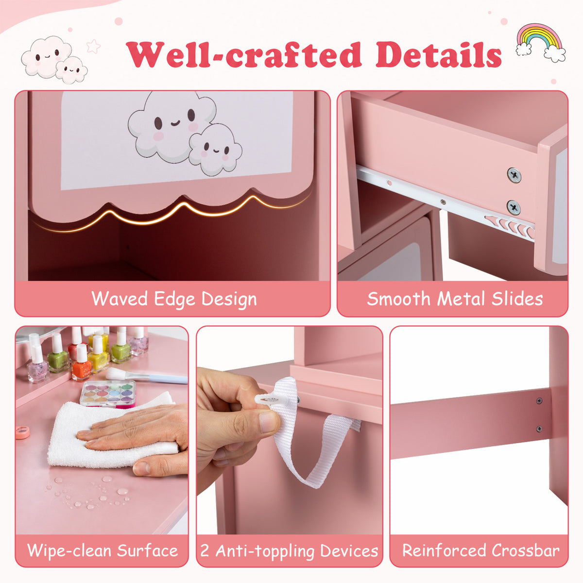 Kids Vanity Set with 360° Rotating Mirror & Chair for Girls-Pink