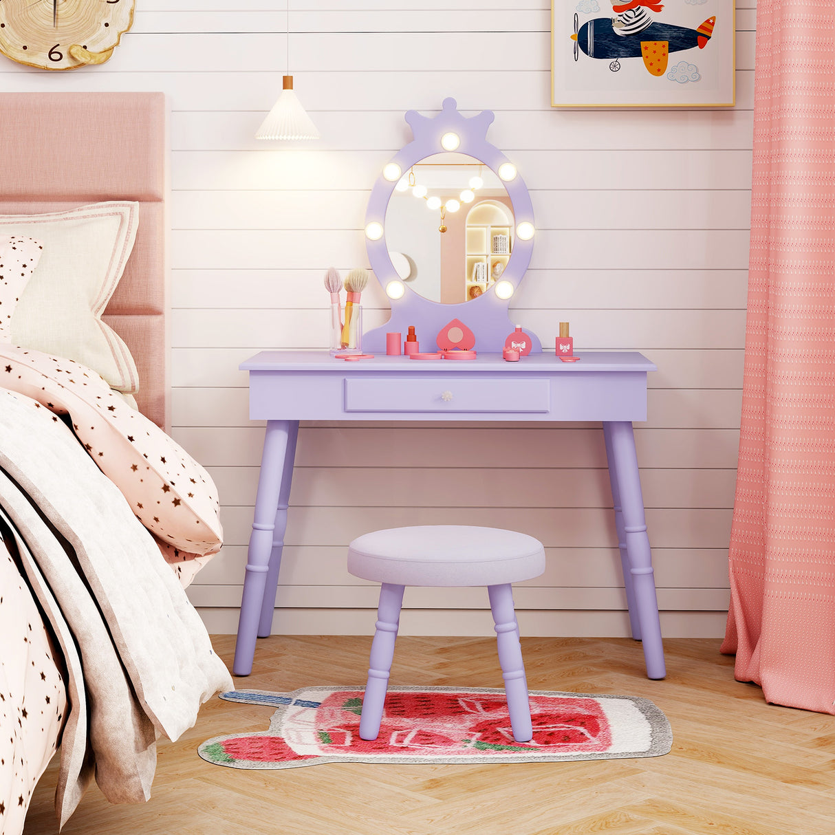 Kids Vanity Set with Lighted Mirror with Adjustable Brightness and Large Drawer-Purple