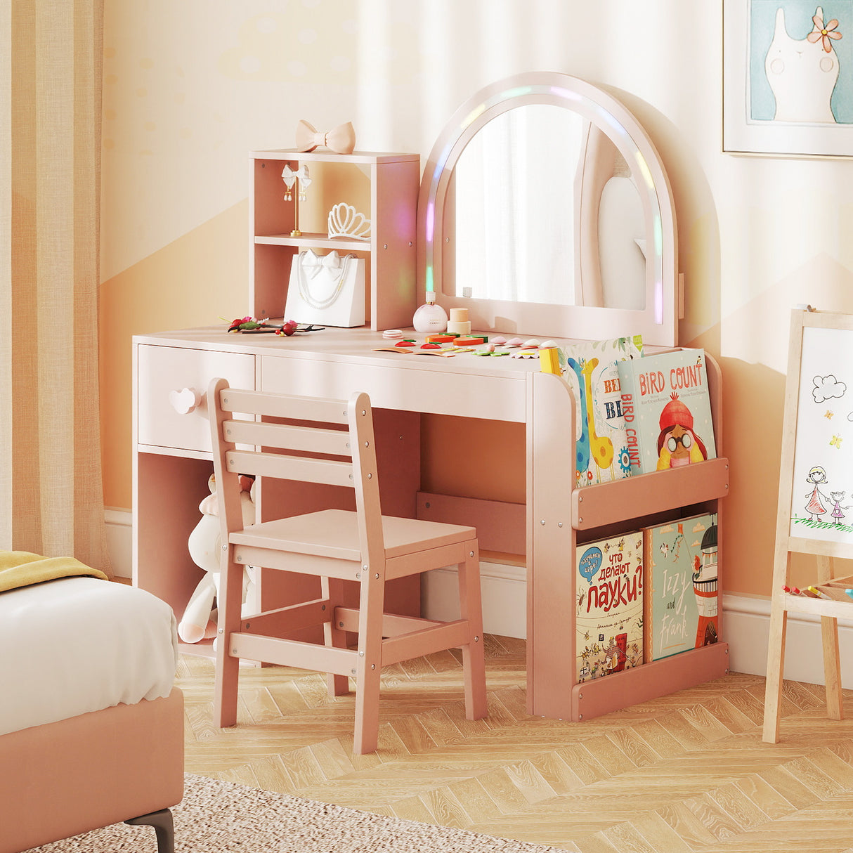 Kids Vanity Table and Chair Set with Lighted Mirror for Kids Aged 3+ Years Old-Pink