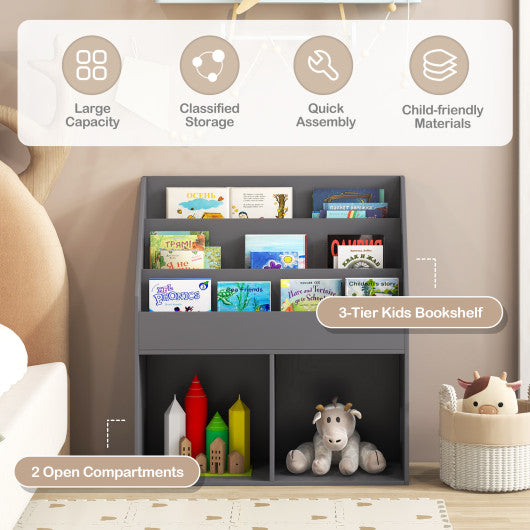 Kids Wooden Bookshelf Bookcase Children Toy Storage Cabinet Organizer-Gray